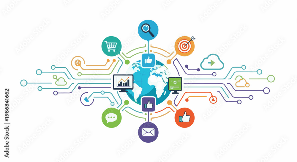 Obraz premium Global network connecting digital tools for commerce, analytics, and communication