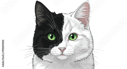 Realistic digital portrait of domestic cat featuring unique black and white facial markings with striking emerald green eyes.