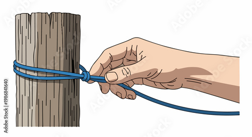 Hand tying a blue rope around a wooden post with a knot
