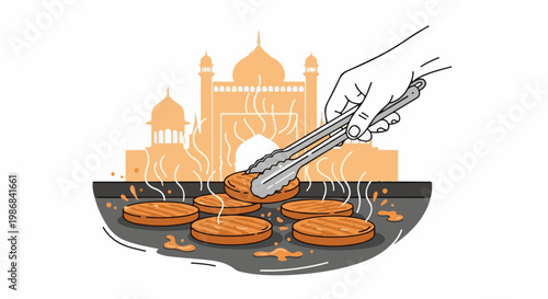 Hand using tongs to flip burgers on grill, ornate structure background