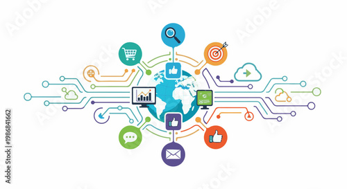 Global network connecting digital tools for commerce, analytics, and communication