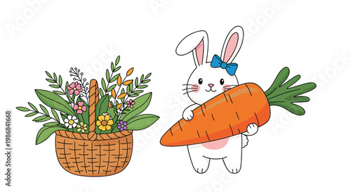 Cute white bunny character happily carries a giant orange carrot next to a decorative wicker basket filled with colorful spring flowers.