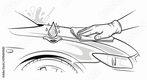 Hand wearing glove wipes car hood with cloth, water drops falling