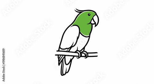 Green-headed parrot with black outline sits on a branch