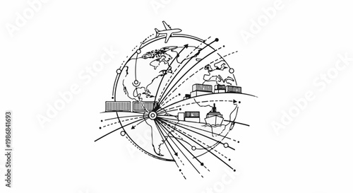 Global network of transportation routes connecting continents with cargo and people