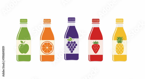 Five colorful bottles with fruit illustrations on white background