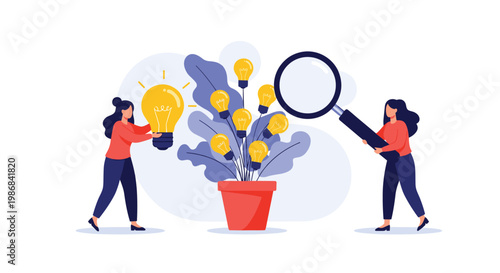 Two creative women working together to grow and analyze new ideas represented by glowing light bulbs planted in a red pot with a magnifying glass.