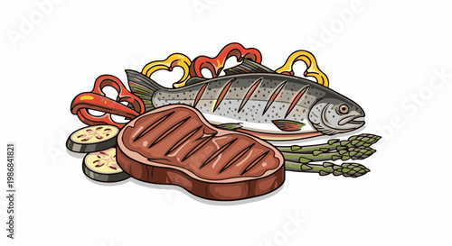 Grilled steak, fish, and vegetables arranged attractively on a white background