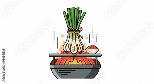 Grilling green onions with a side of chopped red food over an open flame