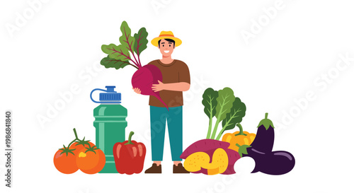 Happy male farmer standing behind a table full of fresh harvest vegetables like tomatoes, peppers, and eggplants while holding a large purple beet.