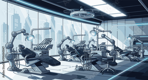 Futuristic dental clinic with multiple examination chairs and robot arms