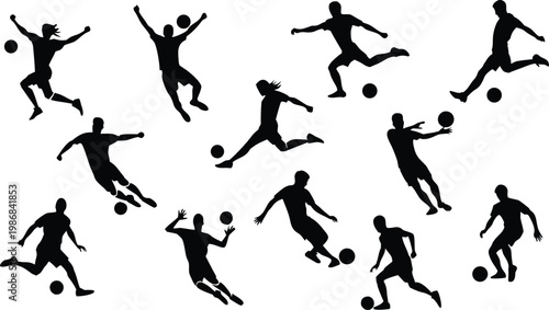 Silhouettes of soccer players in various poses and actions