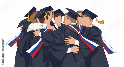 Group of graduates in caps and gowns, arms around each other