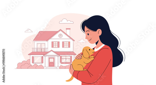 Young woman with long dark hair lovingly hugging a small golden puppy in front of a beautiful residential house in a suburban neighborhood setting.