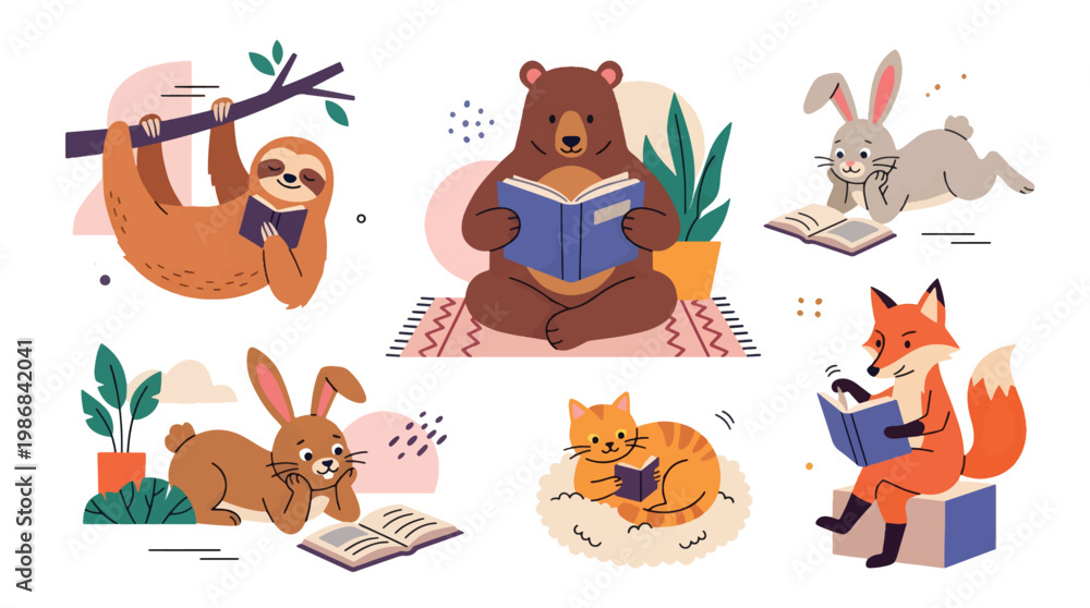 Fototapeta premium Cute Animal Characters Reading Books Set, Flat Vector Illustration for Education and Kids Learning