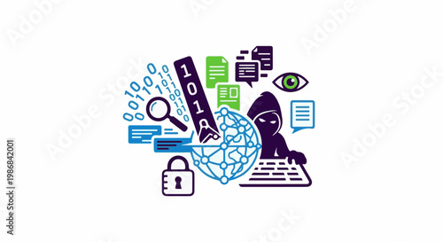 Hacker monitoring digital data with binary code, eye, lock, and network