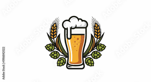 Golden beer glass surrounded by wheat stalks and green hops