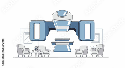 Futuristic medical treatment room with advanced technology and waiting area