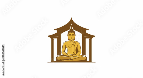 Golden Buddha meditating inside traditional tiered roof structure