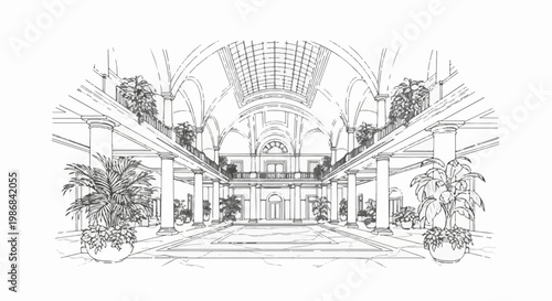 Grand interior courtyard with columns, balconies, and potted plants
