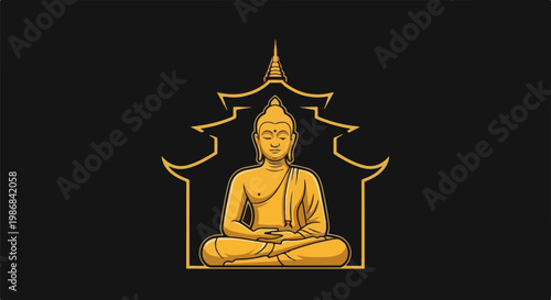 Golden Buddha meditating within ornate, stylized temple outline