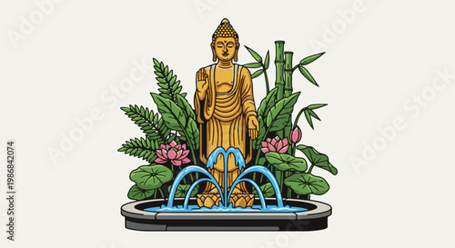 Golden Buddha statue amidst lush foliage, lotus flowers, and a serene water fountain