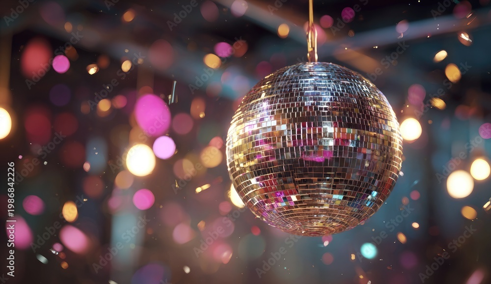 Fototapeta premium Close-up of a sparkling disco ball with colorful bokeh lights and falling confetti