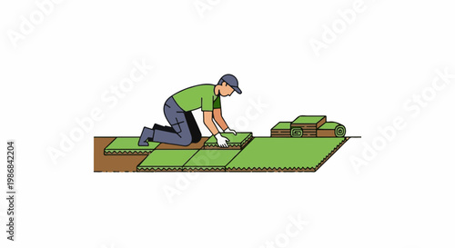 Gardener kneeling to lay sod, with rolls of grass stacked nearby