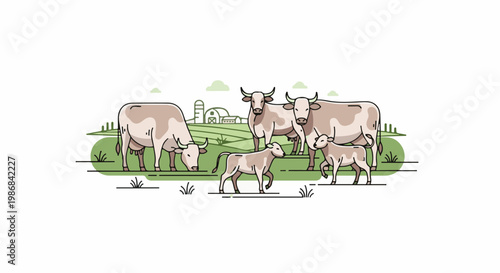 Gentle cows and calves graze in a pastoral farm landscape with buildings