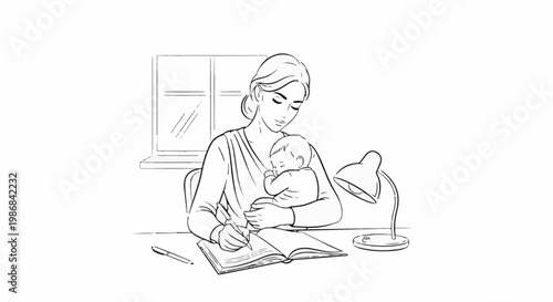 Gentle mother writes in book while cradling sleeping baby