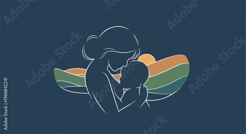 Gentle embrace of mother and child against a warm, layered landscape