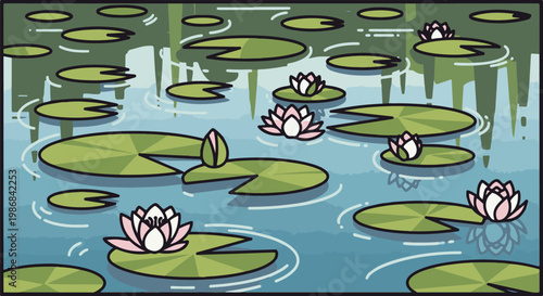 Gentle pink water lilies float serenely on a calm, blue pond surface