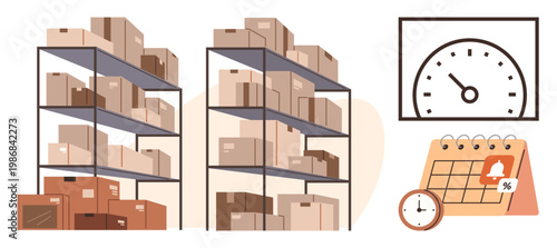 Inventory management, logistics, shipping, time tracking, supply chain, efficiency. Multiple storage shelves hold boxes. Inventory management and logistics visually with time and tracking icons