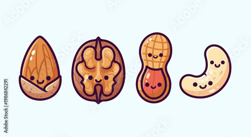 Four cute, anthropomorphic nuts smiling joyfully on a light blue background