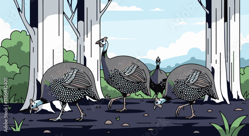 Four guinea fowl forage near trees under a cloudy sky