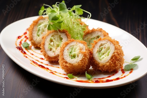 Breaded pork rolls filled with cabbage, served with sauce drizzle and fresh greens