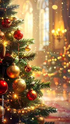 A brightly decorated Christmas tree in a festive indoor setting