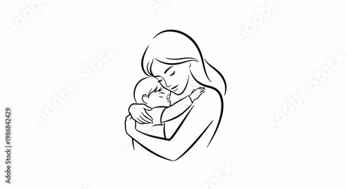 Gentle embrace of mother holding sleeping infant in line art