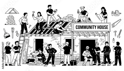 Community house construction with people working together in a vector illustration