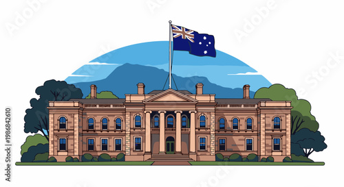 Grand sandstone building with columns and Australian flag flies high