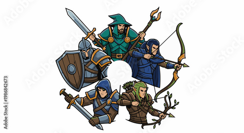 Five fantasy characters arranged in a circle, ready for adventure