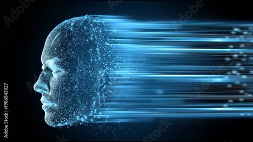 Digital representation of a human face dissolving into particles and lines, illustrating motion and transformation against a dark background with blue light effects