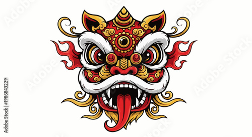 Fierce lion dance mask with ornate red, gold, and white details