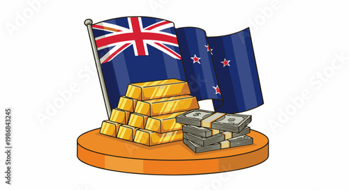 Golden riches and national flags symbolize wealth and prosperity