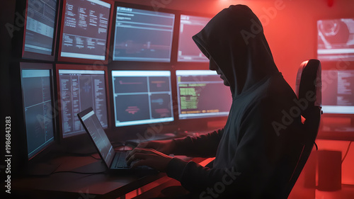 Anonymous Hacker in Hoodie Working with Multiple Screens in Dark Room, Cybercrime and Data Breach Concept with Red Warning Light