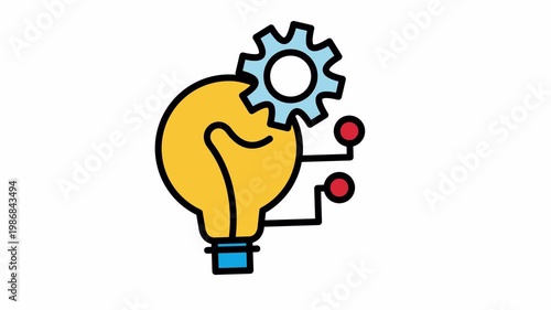 A colorful icon depicting a bright yellow lightbulb with a blue gear on top, symbolizing innovation, ideas, and technological development.