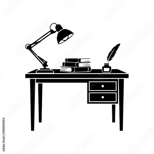 A desk with a lamp and a quill pen