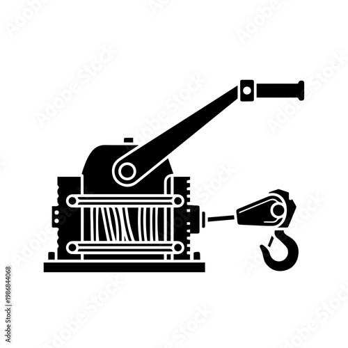 A black and white image of a winch with a hook