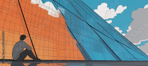 Alone Man Sitting by Modern Glass Architecture