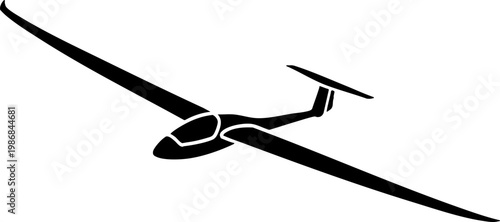 Black silhouette of a glider sailplane flying on white background